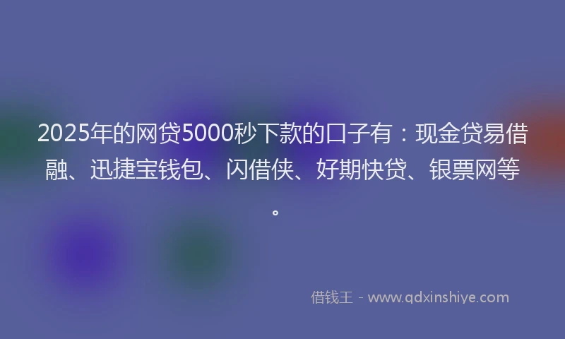 2025年的网贷5000秒下款的口子有：现金贷易借融、迅捷宝钱包、闪借侠、好期快贷、银票网等。