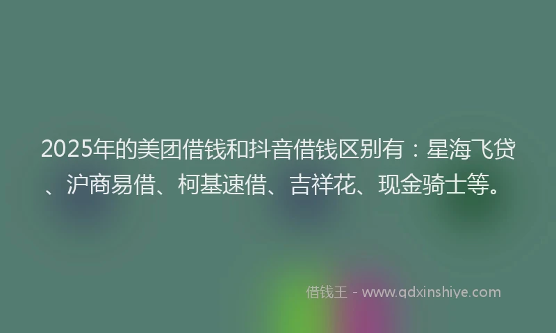 2025年的美团借钱和抖音借钱区别有：星海飞贷、沪商易借、柯基速借、吉祥花、现金骑士等。