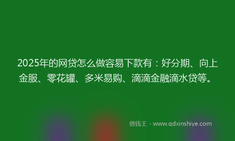 2025年的网贷怎么做容易下款有：好分期、向上金服、零花罐、多米易购、滴滴金融滴水贷等。