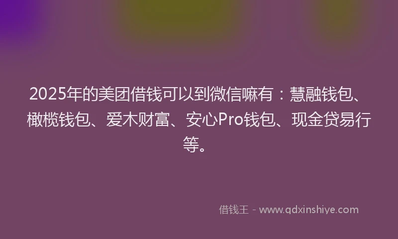 2025年的美团借钱可以到微信嘛有：慧融钱包、橄榄钱包、爱木财富、安心Pro钱包、现金贷易行等。