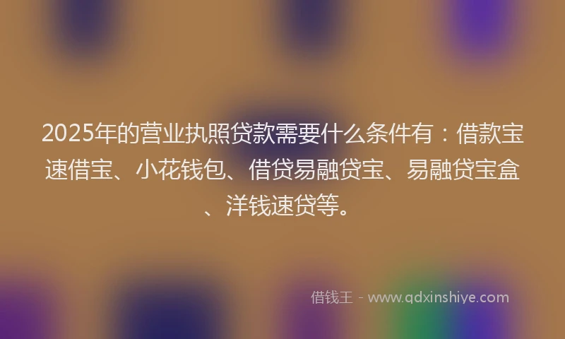 2025年的营业执照贷款需要什么条件有：借款宝速借宝、小花钱包、借贷易融贷宝、易融贷宝盒、洋钱速贷等。