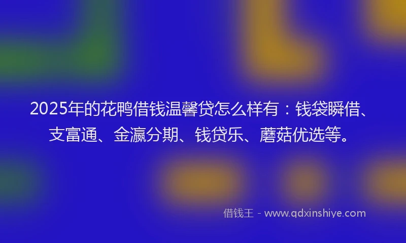 2025年的花鸭借钱温馨贷怎么样有：钱袋瞬借、支富通、金瀛分期、钱贷乐、蘑菇优选等。