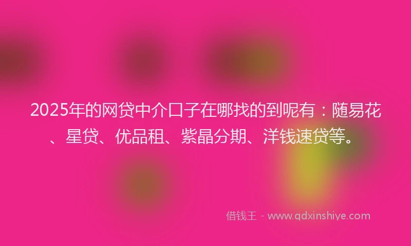 2025年的网贷中介口子在哪找的到呢有：随易花、星贷、优品租、紫晶分期、洋钱速贷等。