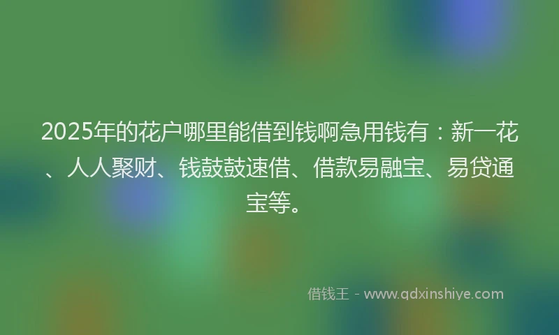 2025年的花户哪里能借到钱啊急用钱有：新一花、人人聚财、钱鼓鼓速借、借款易融宝、易贷通宝等。