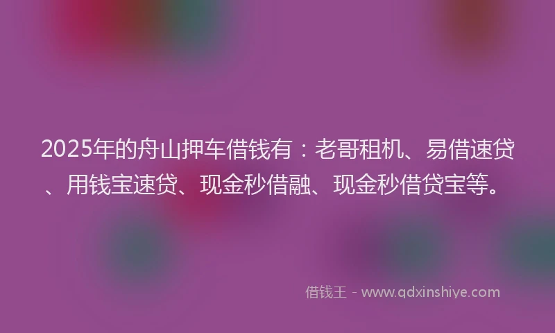 2025年的舟山押车借钱有：老哥租机、易借速贷、用钱宝速贷、现金秒借融、现金秒借贷宝等。