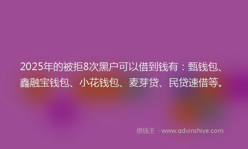 2025年的被拒8次黑户可以借到钱有：甄钱包、鑫融宝钱包、小花钱包、麦芽贷、民贷速借等。