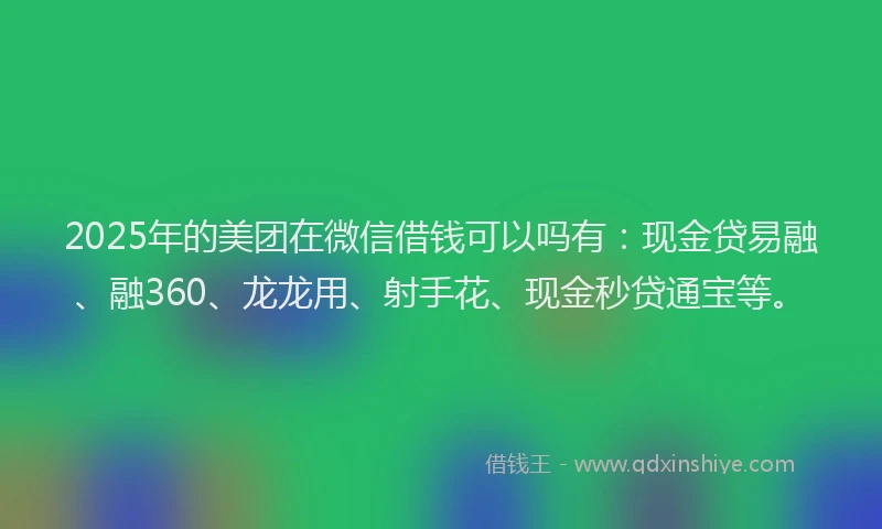 2025年的美团在微信借钱可以吗有：现金贷易融、融360、龙龙用、射手花、现金秒贷通宝等。