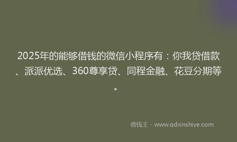 2025年的能够借钱的微信小程序有：你我贷借款、派派优选、360尊享贷、同程金融、花豆分期等。