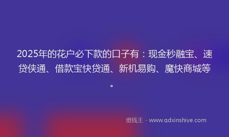 2025年的花户必下款的口子有：现金秒融宝、速贷侠通、借款宝快贷通、新机易购、魔快商城等。