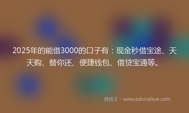2025年的能借3000的口子有：现金秒借宝途、天天购、替你还、便捷钱包、借贷宝通等。