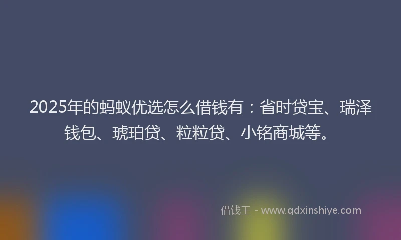 2025年的蚂蚁优选怎么借钱有：省时贷宝、瑞泽钱包、琥珀贷、粒粒贷、小铭商城等。
