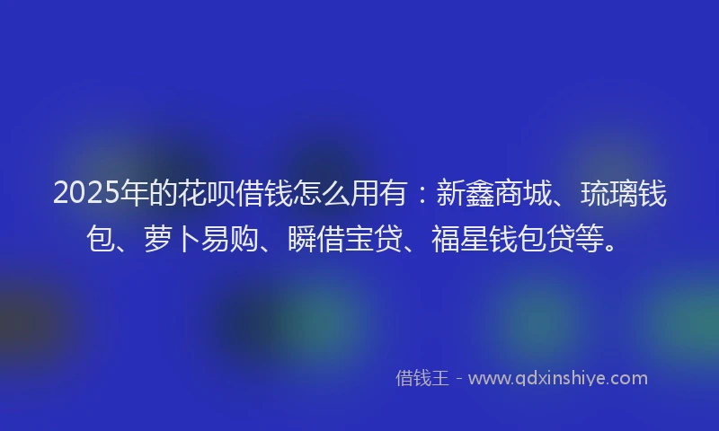 2025年的花呗借钱怎么用有：新鑫商城、琉璃钱包、萝卜易购、瞬借宝贷、福星钱包贷等。