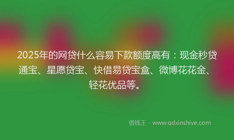 2025年的网贷什么容易下款额度高有：现金秒贷通宝、星愿贷宝、快借易贷宝盒、微博花花金、轻花优品等。