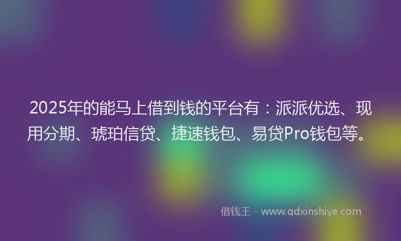 2025年的能马上借到钱的平台有：派派优选、现用分期、琥珀信贷、捷速钱包、易贷Pro钱包等。