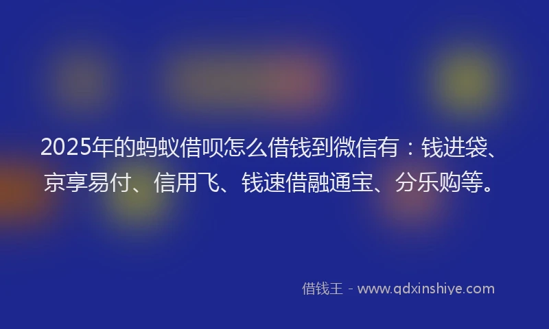 2025年的蚂蚁借呗怎么借钱到微信有：钱进袋、京享易付、信用飞、钱速借融通宝、分乐购等。