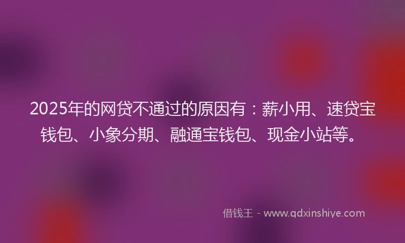 2025年的网贷不通过的原因有：薪小用、速贷宝钱包、小象分期、融通宝钱包、现金小站等。