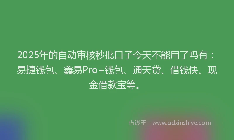 2025年的自动审核秒批口子今天不能用了吗有：易捷钱包、鑫易Pro+钱包、通天贷、借钱快、现金借款宝等。