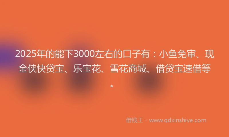 2025年的能下3000左右的口子有：小鱼免审、现金侠快贷宝、乐宝花、雪花商城、借贷宝速借等。