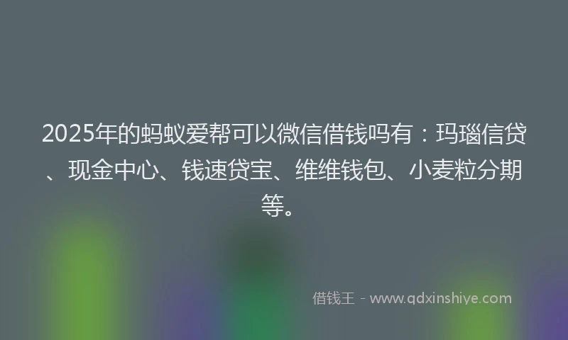 2025年的蚂蚁爱帮可以微信借钱吗有：玛瑙信贷、现金中心、钱速贷宝、维维钱包、小麦粒分期等。