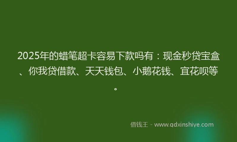 2025年的蜡笔超卡容易下款吗有：现金秒贷宝盒、你我贷借款、天天钱包、小鹅花钱、宜花呗等。