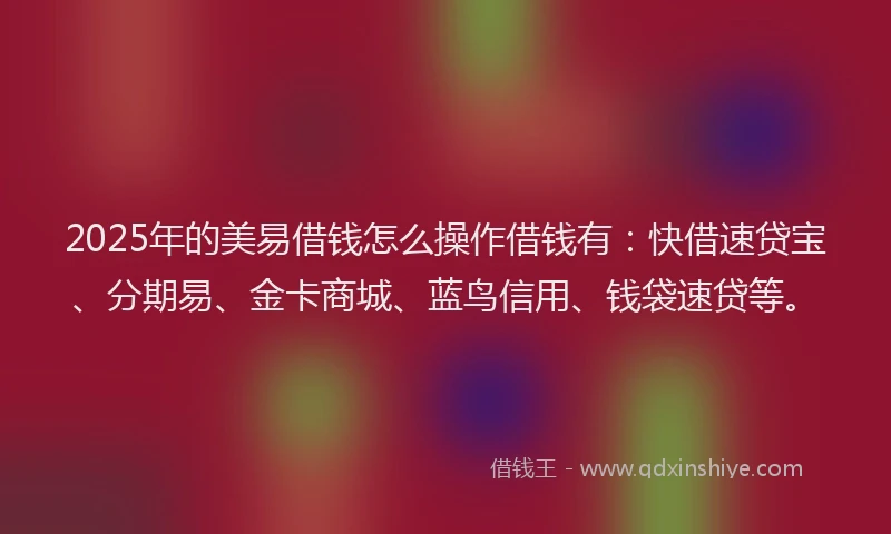 2025年的美易借钱怎么操作借钱有：快借速贷宝、分期易、金卡商城、蓝鸟信用、钱袋速贷等。