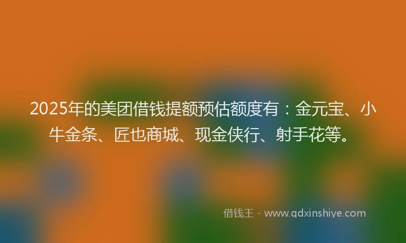 2025年的美团借钱提额预估额度有：金元宝、小牛金条、匠也商城、现金侠行、射手花等。