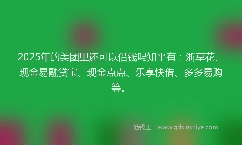 2025年的美团里还可以借钱吗知乎有：浙享花、现金易融贷宝、现金点点、乐享快借、多多易购等。