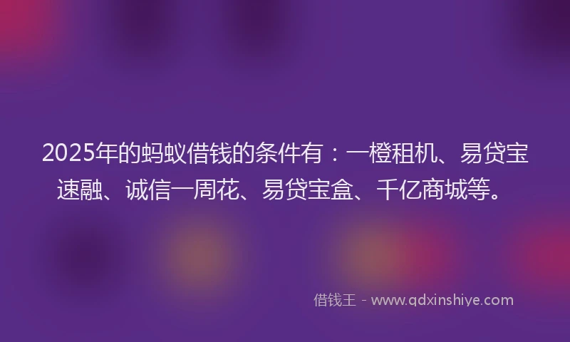 2025年的蚂蚁借钱的条件有：一橙租机、易贷宝速融、诚信一周花、易贷宝盒、千亿商城等。