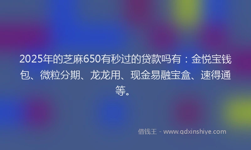 2025年的芝麻650有秒过的贷款吗有：金悦宝钱包、微粒分期、龙龙用、现金易融宝盒、速得通等。