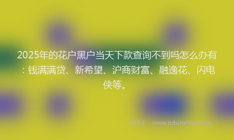 2025年的花户黑户当天下款查询不到吗怎么办有：钱满满贷、新希望、沪商财富、融逸花、闪电侠等。