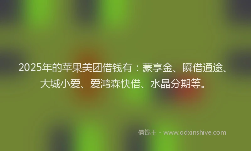 2025年的苹果美团借钱有：蒙享金、瞬借通途、大城小爱、爱鸿森快借、水晶分期等。