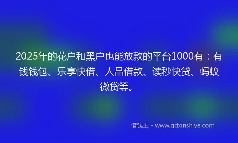 2025年的花户和黑户也能放款的平台1000有：有钱钱包、乐享快借、人品借款、读秒快贷、蚂蚁微贷等。