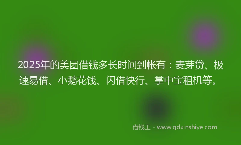 2025年的美团借钱多长时间到帐有：麦芽贷、极速易借、小鹅花钱、闪借快行、掌中宝租机等。
