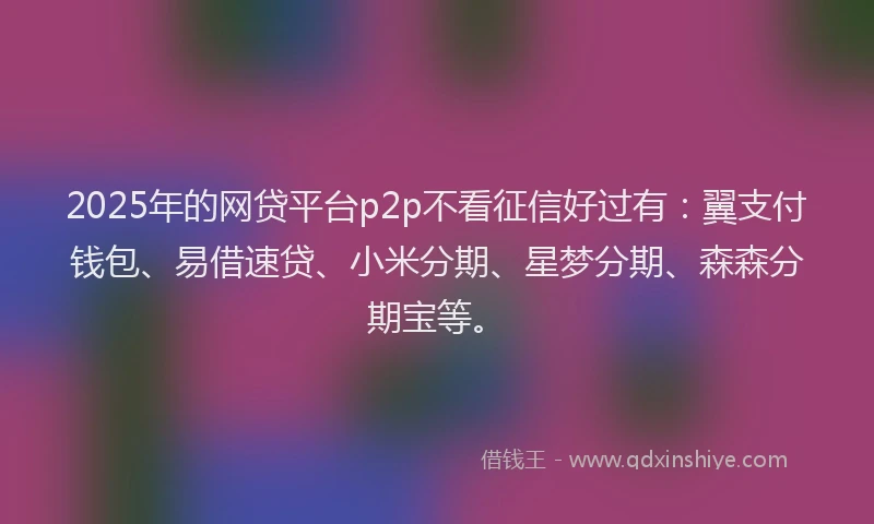 2025年的网贷平台p2p不看征信好过有：翼支付钱包、易借速贷、小米分期、星梦分期、森森分期宝等。