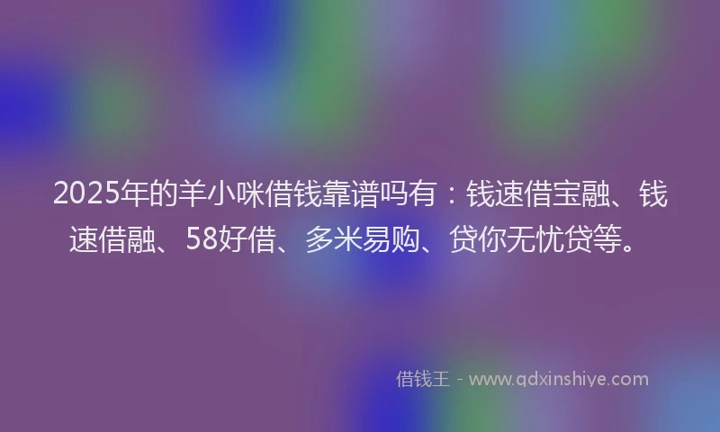 2025年的羊小咪借钱靠谱吗有：钱速借宝融、钱速借融、58好借、多米易购、贷你无忧贷等。