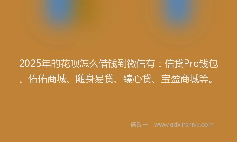 2025年的花呗怎么借钱到微信有：信贷Pro钱包、佑佑商城、随身易贷、臻心贷、宝盈商城等。