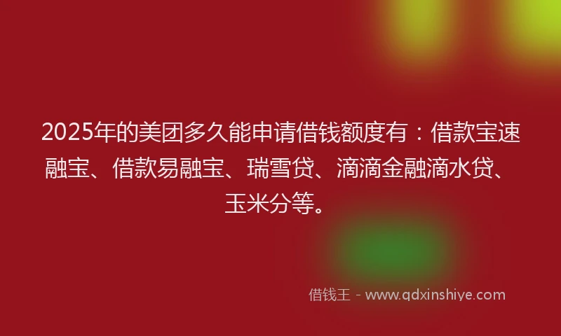 2025年的美团多久能申请借钱额度有：借款宝速融宝、借款易融宝、瑞雪贷、滴滴金融滴水贷、玉米分等。