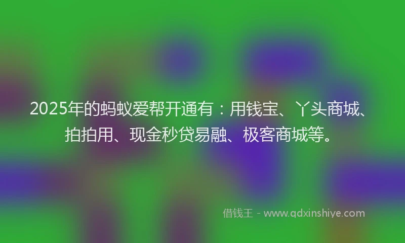 2025年的蚂蚁爱帮开通有：用钱宝、丫头商城、拍拍用、现金秒贷易融、极客商城等。