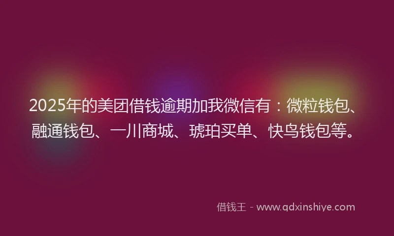 2025年的美团借钱逾期加我微信有：微粒钱包、融通钱包、一川商城、琥珀买单、快鸟钱包等。