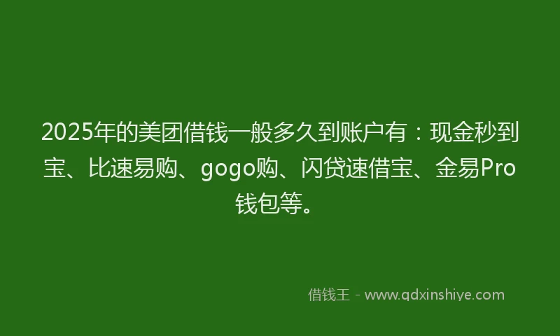 2025年的美团借钱一般多久到账户有：现金秒到宝、比速易购、gogo购、闪贷速借宝、金易Pro钱包等。