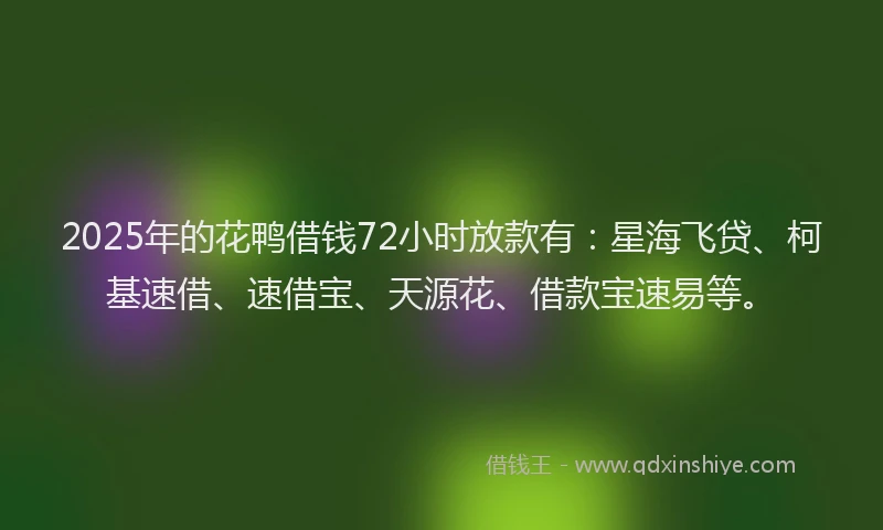 2025年的花鸭借钱72小时放款有：星海飞贷、柯基速借、速借宝、天源花、借款宝速易等。