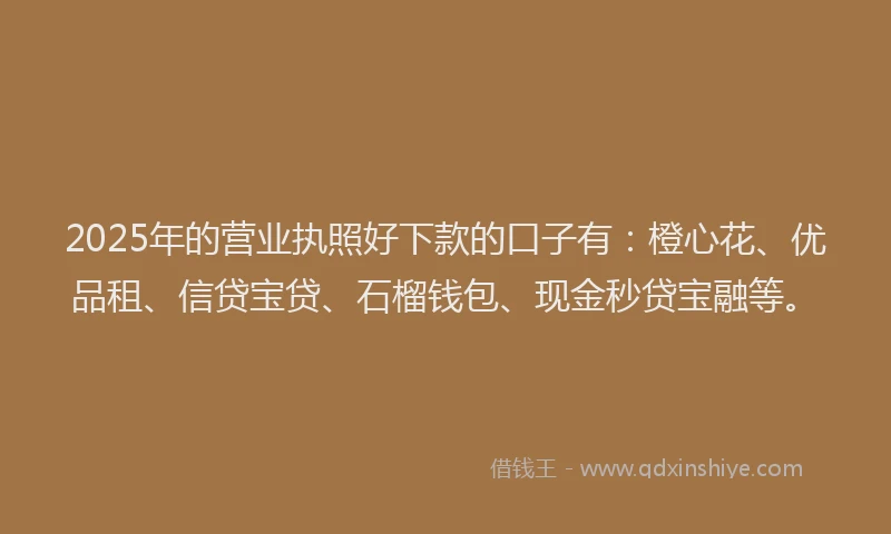 2025年的营业执照好下款的口子有：橙心花、优品租、信贷宝贷、石榴钱包、现金秒贷宝融等。