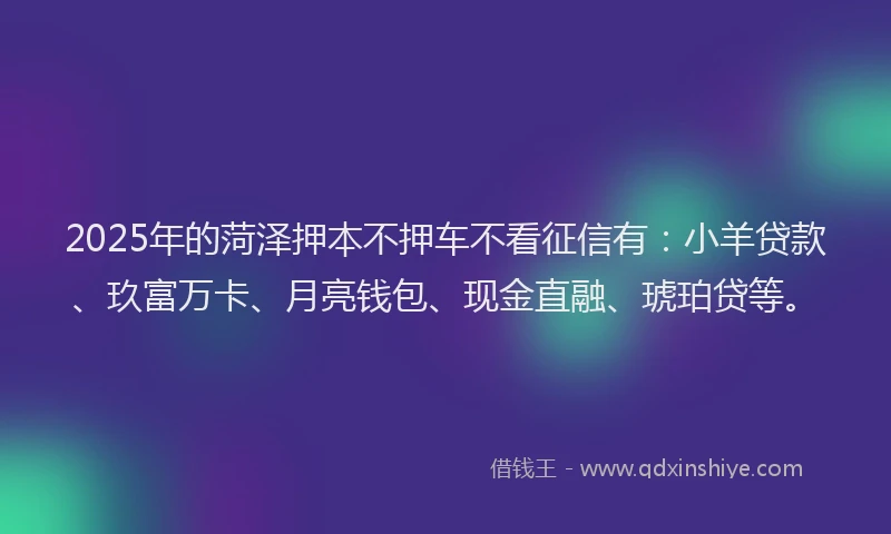 2025年的菏泽押本不押车不看征信有：小羊贷款、玖富万卡、月亮钱包、现金直融、琥珀贷等。