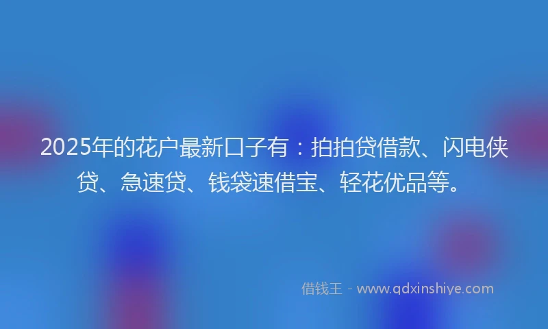 2025年的花户最新口子有：拍拍贷借款、闪电侠贷、急速贷、钱袋速借宝、轻花优品等。