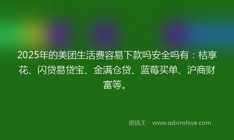 2025年的美团生活费容易下款吗安全吗有：桔享花、闪贷易贷宝、金满仓贷、蓝莓买单、沪商财富等。