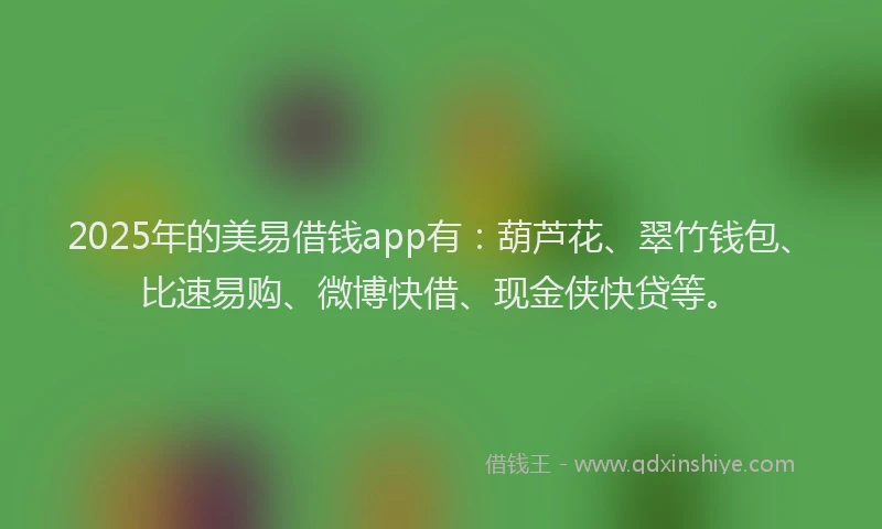 2025年的美易借钱app有：葫芦花、翠竹钱包、比速易购、微博快借、现金侠快贷等。
