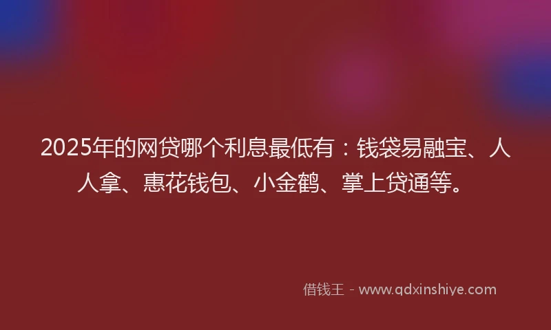 2025年的网贷哪个利息最低有：钱袋易融宝、人人拿、惠花钱包、小金鹤、掌上贷通等。