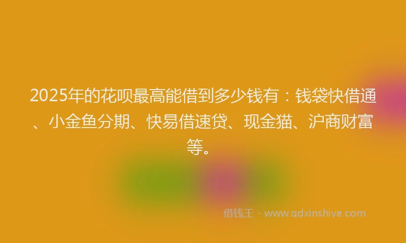 2025年的花呗最高能借到多少钱有：钱袋快借通、小金鱼分期、快易借速贷、现金猫、沪商财富等。
