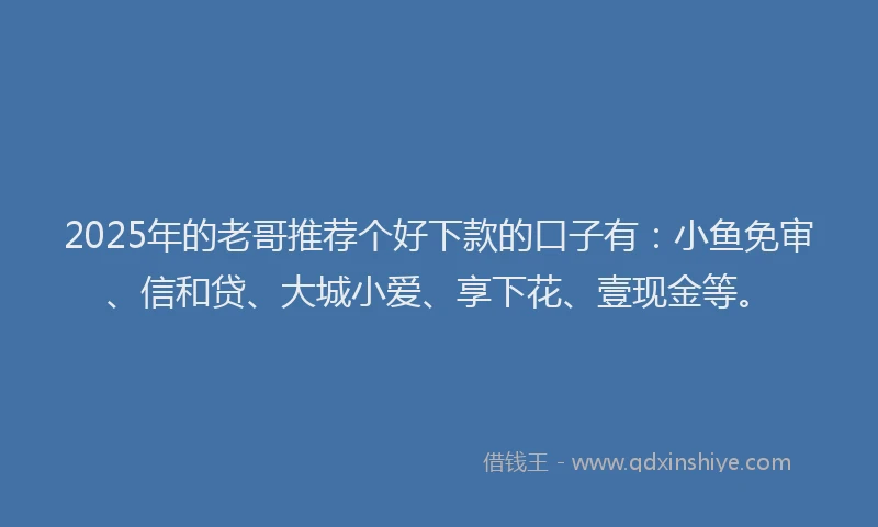 2025年的老哥推荐个好下款的口子有：小鱼免审、信和贷、大城小爱、享下花、壹现金等。