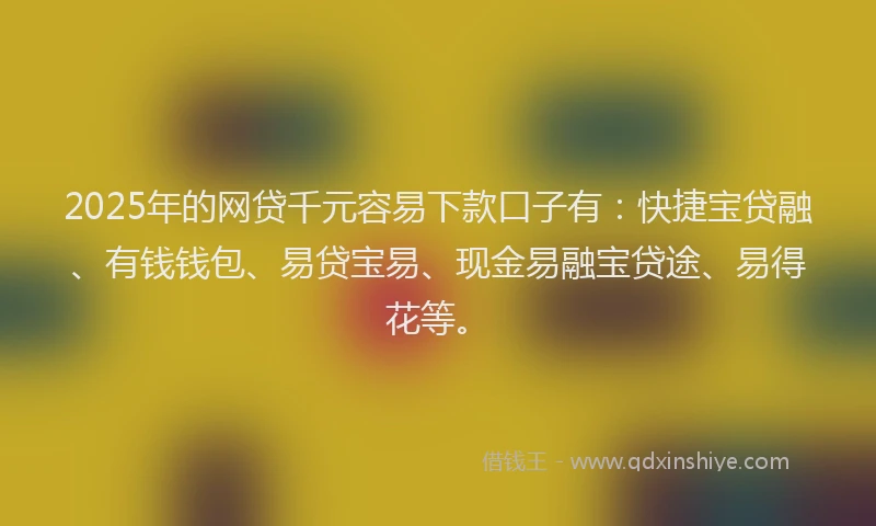 2025年的网贷千元容易下款口子有：快捷宝贷融、有钱钱包、易贷宝易、现金易融宝贷途、易得花等。